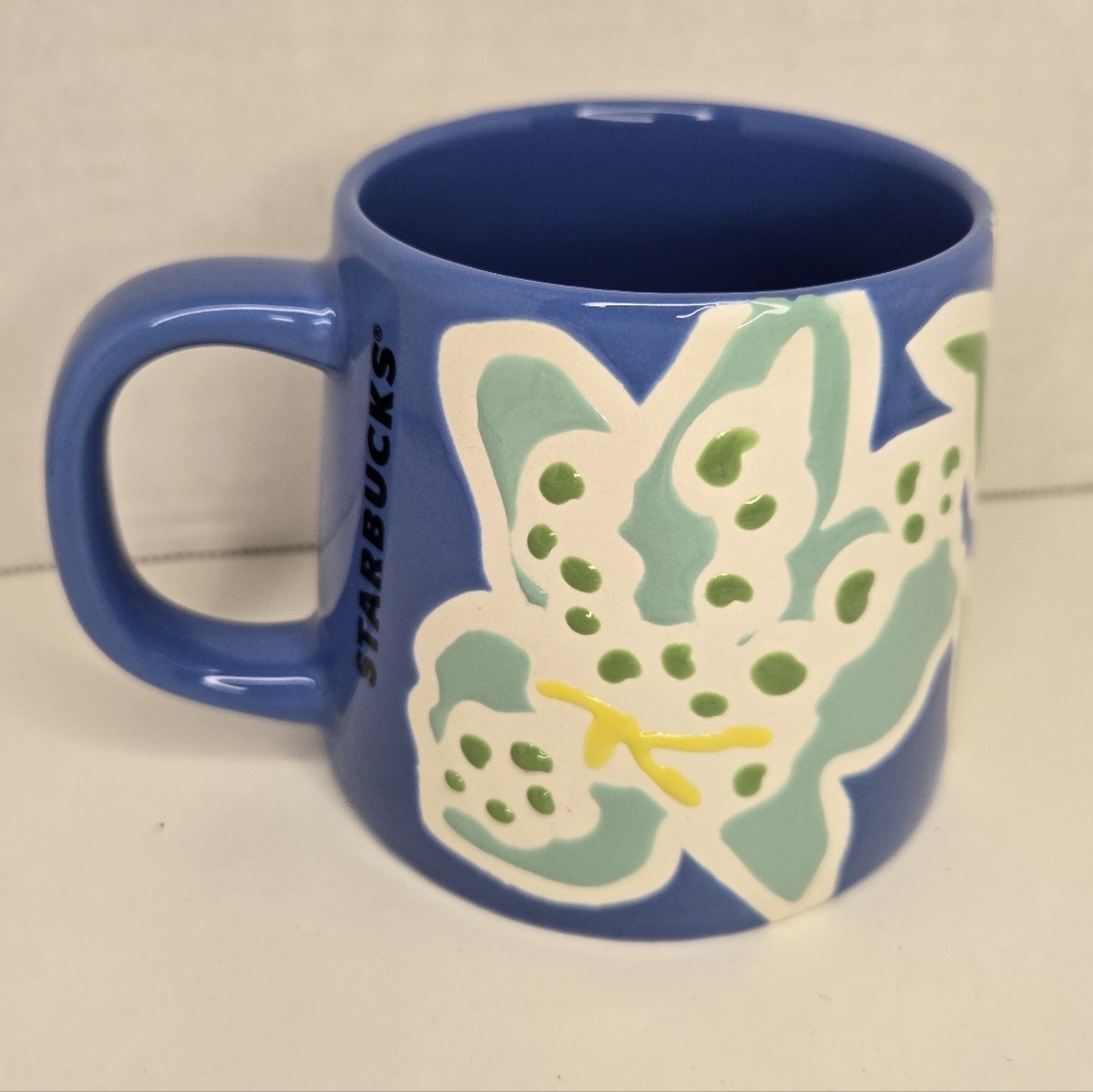 Starbucks Summer 2021 Floral Embossed Blue, White and Mint Lily Iris Ceramic Mug
